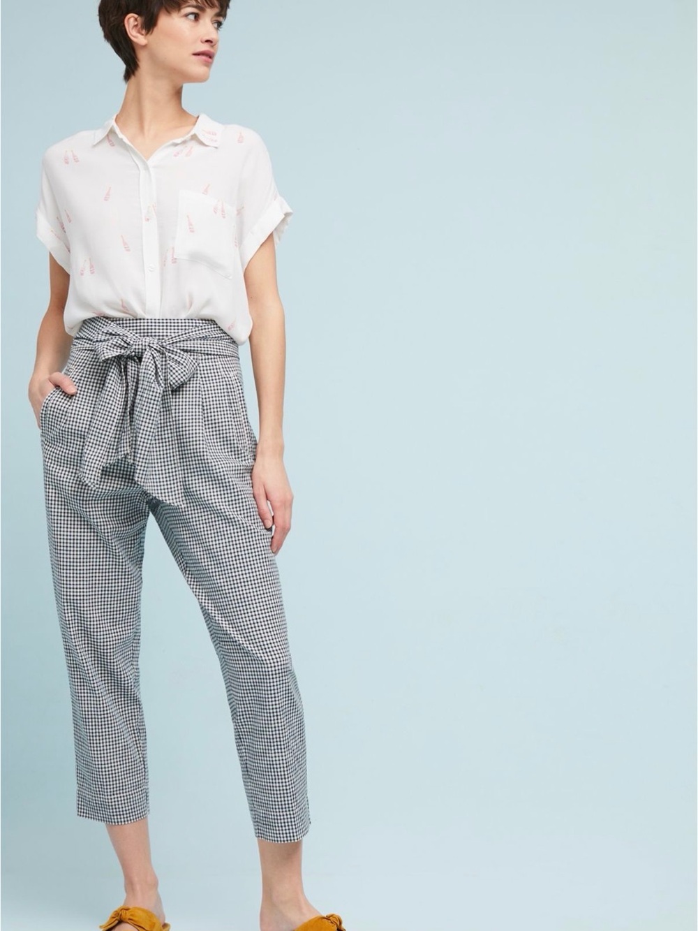 Anthropologie Tie Waist Cropped High Rise Gingham Cartonnier Trousers